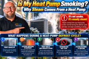 Steam rising from an outdoor heat pump during a defrost cycle on a cold Temecula Valley morning