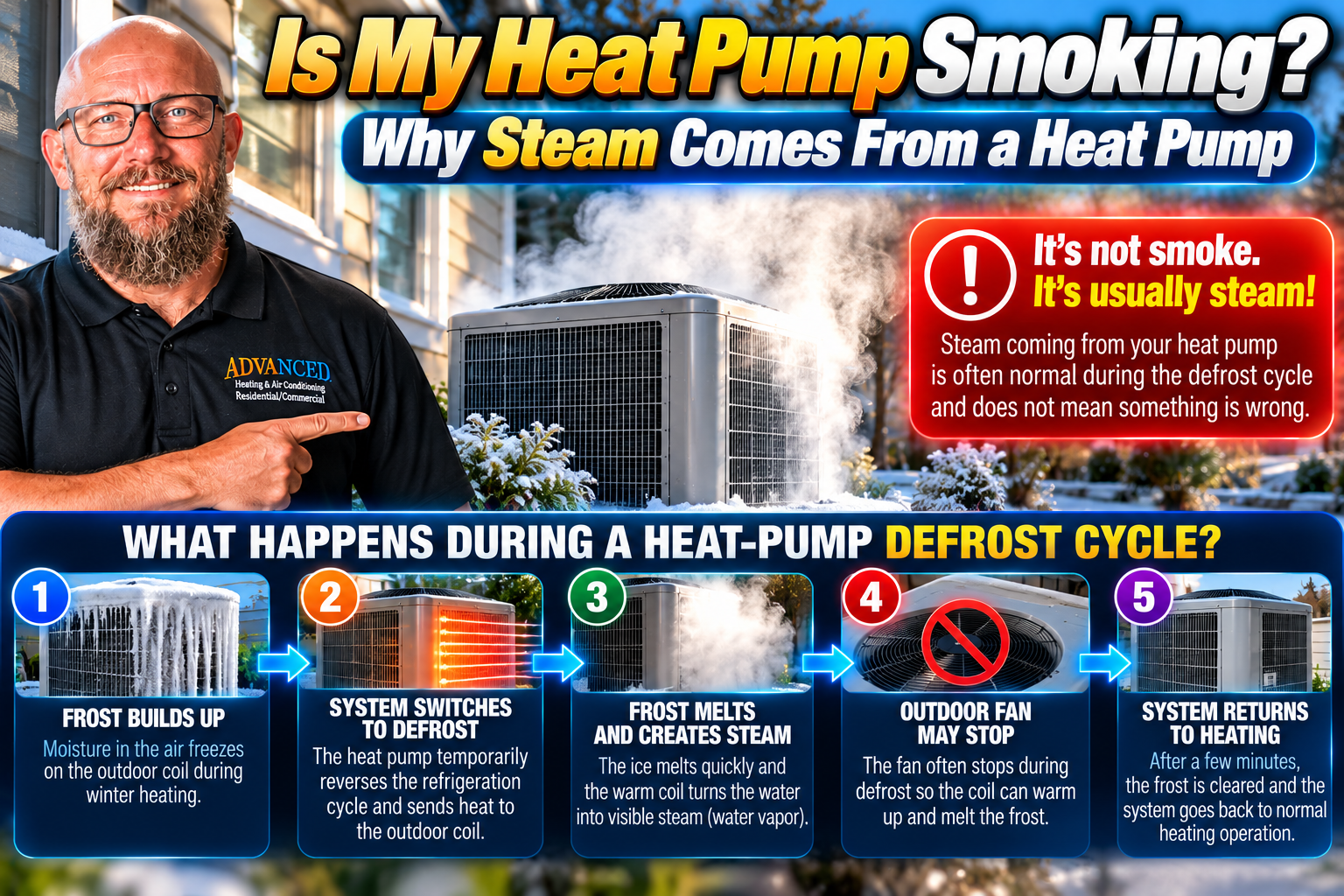 Steam rising from an outdoor heat pump during a defrost cycle on a cold Temecula Valley morning