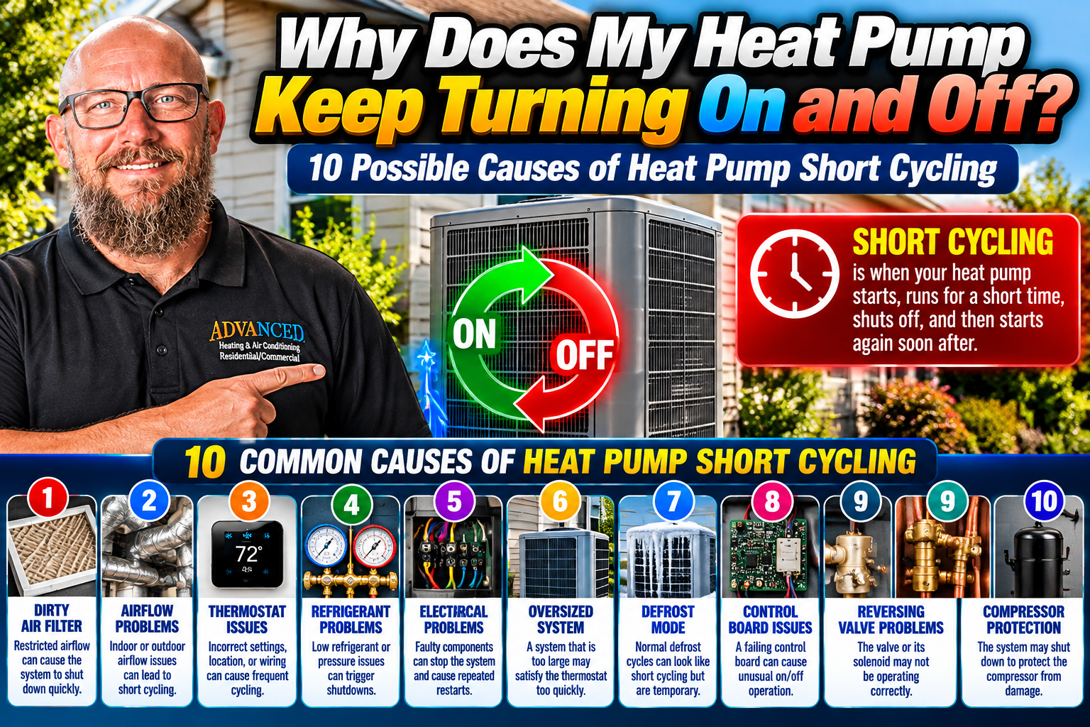 Heat pump outdoor unit cycling on and off outside a Temecula Valley home