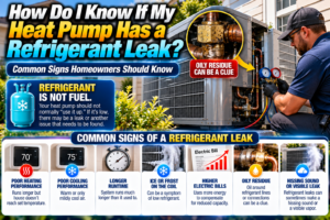 HVAC technician using electronic leak detection to find a refrigerant leak on a heat pump in the Temecula Valley