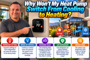 HVAC technician checking a heat pump reversing valve and thermostat wiring in a Temecula Valley home
