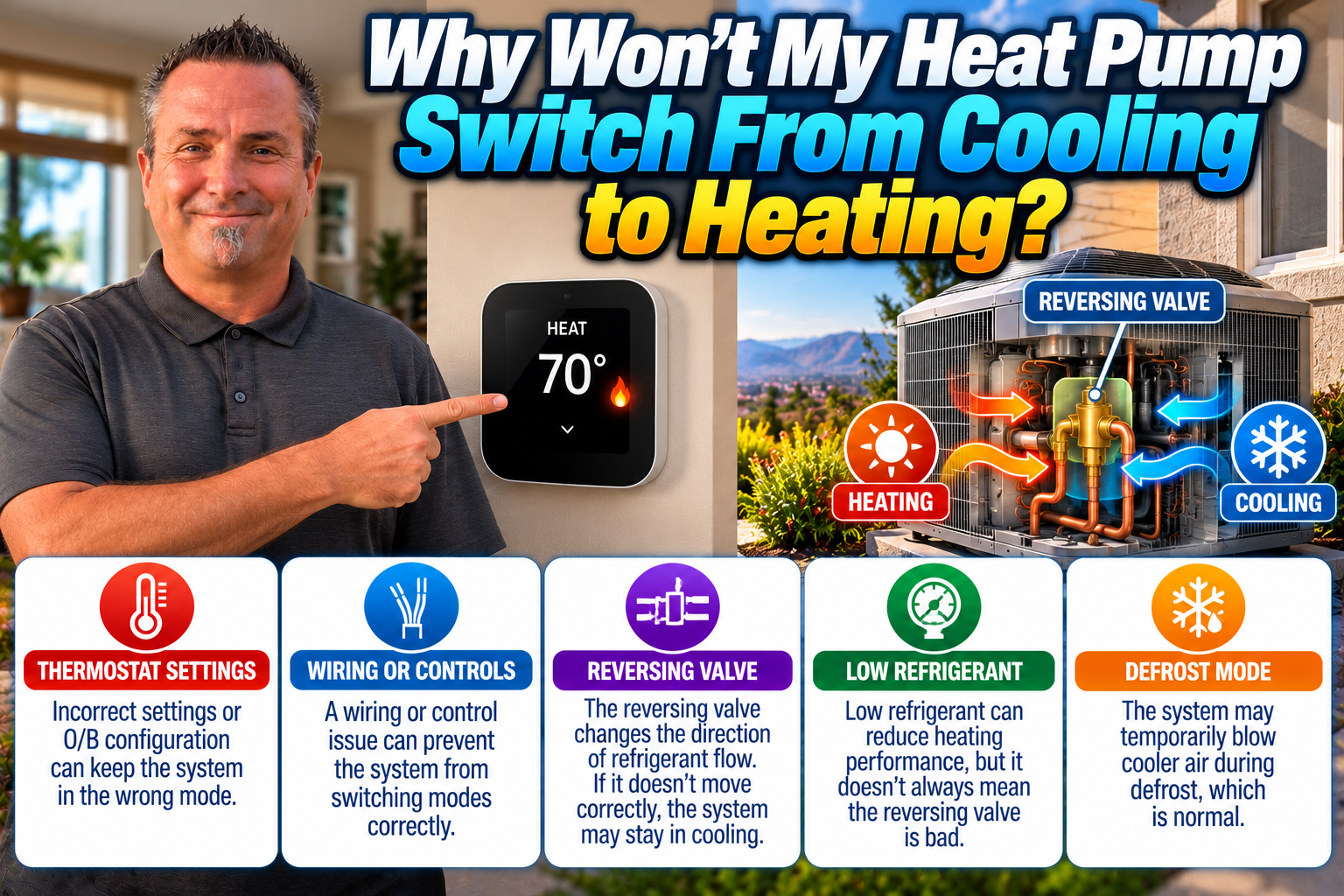 HVAC technician checking a heat pump reversing valve and thermostat wiring in a Temecula Valley home