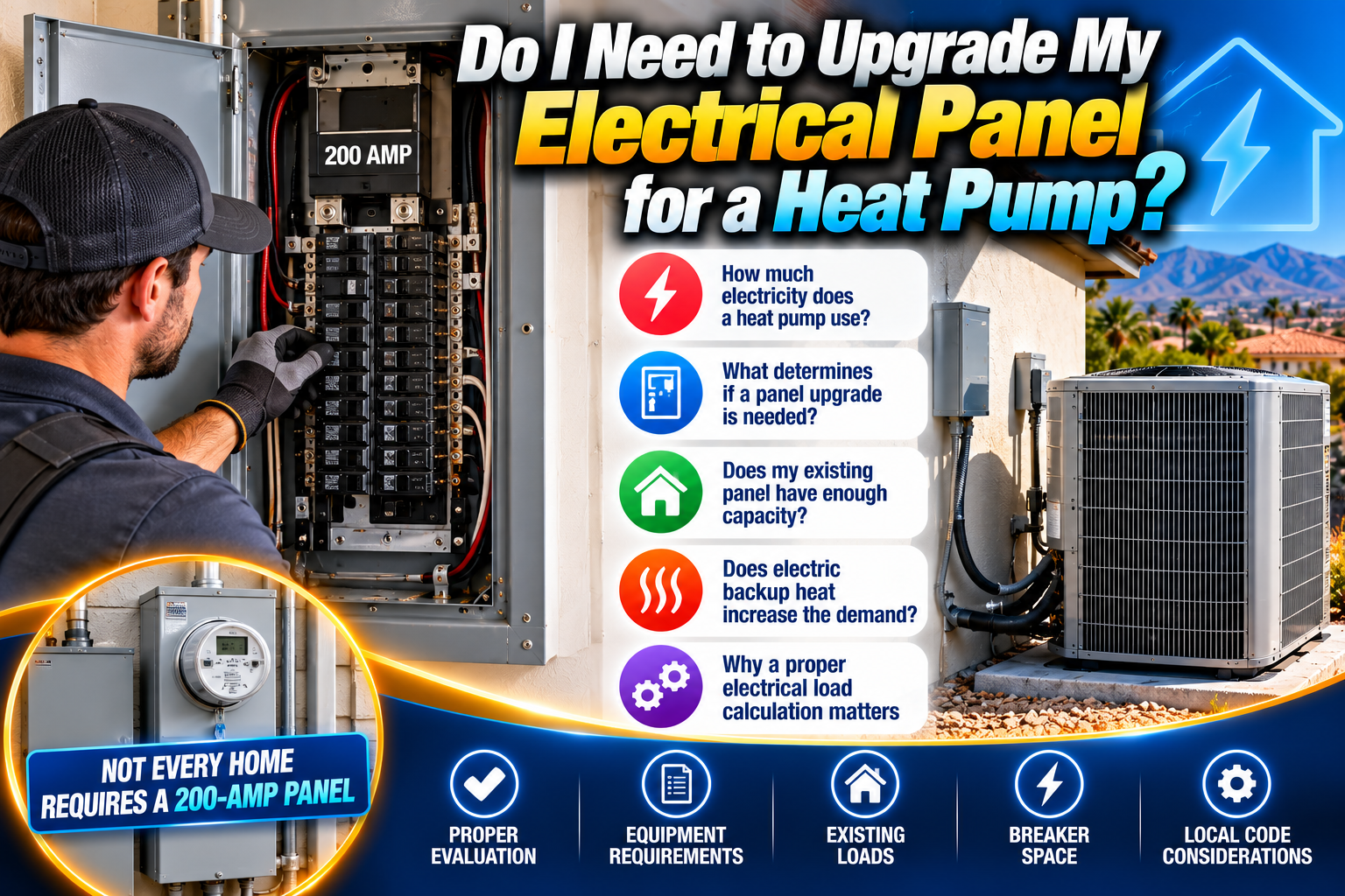 Residential electrical panel being evaluated before a heat pump installation in a Temecula Valley home