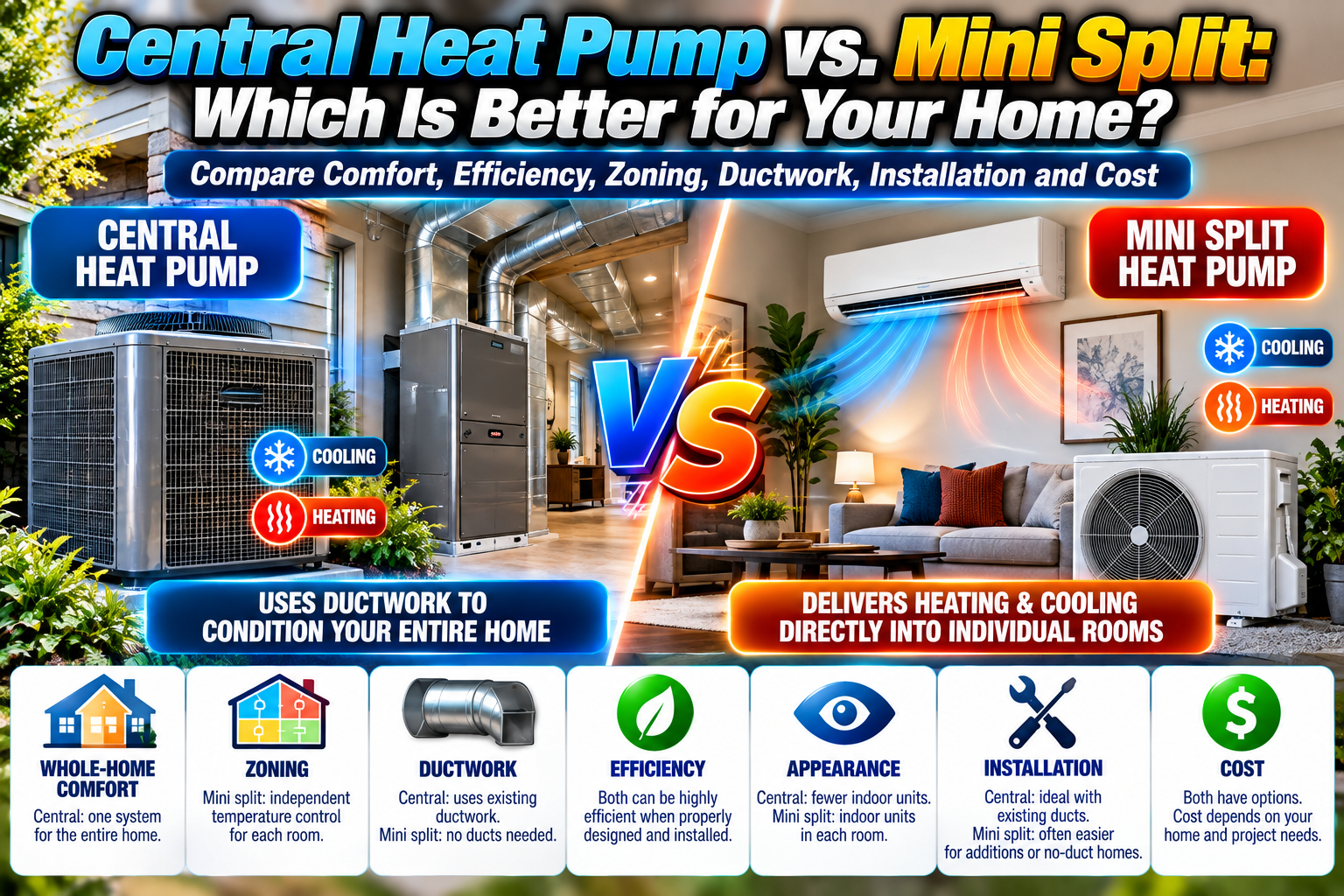 Central heat pump outdoor unit beside a ductless mini-split head, comparing options for a Temecula Valley home