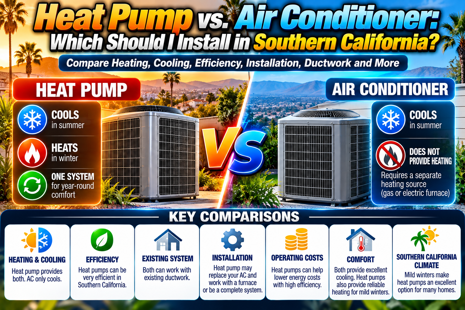 Heat pump and traditional AC condenser side by side outside a Southern California home