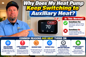 Heat pump thermostat showing AUX HEAT during cold weather in a Temecula Valley home