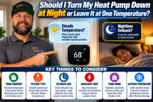 Hand adjusting a heat pump thermostat at night in a Temecula Valley home