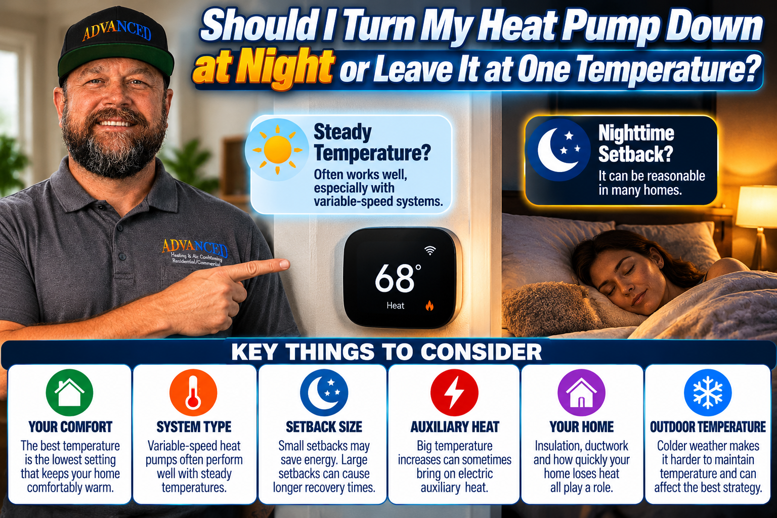 Hand adjusting a heat pump thermostat at night in a Temecula Valley home