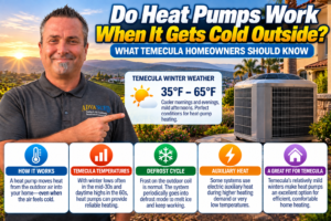 Heat pump running in cold winter weather outside a Temecula Valley home